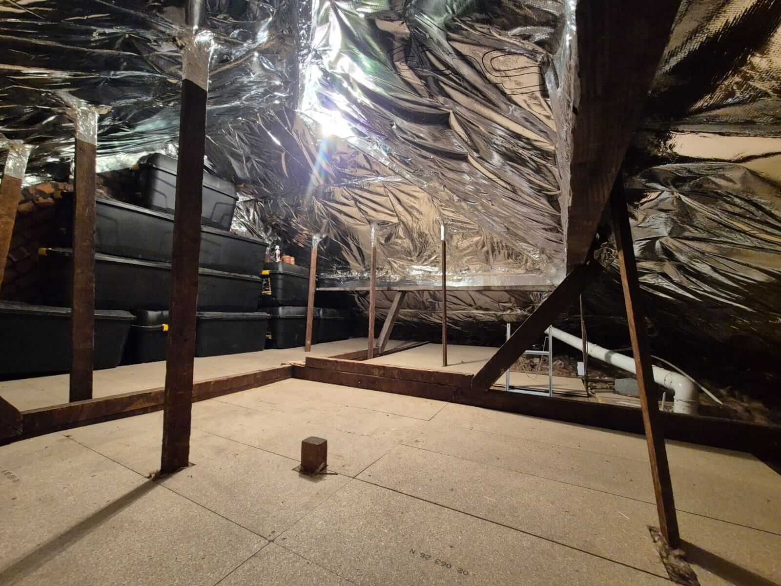 Silver foil membrane lining a pitched loft roof