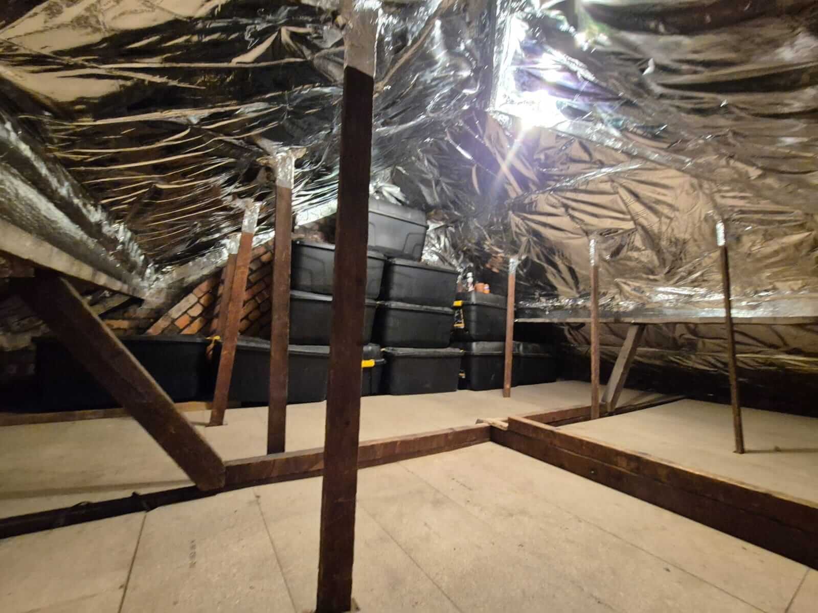 Insulated loft space with foil membrane and boarded floor in a UK home